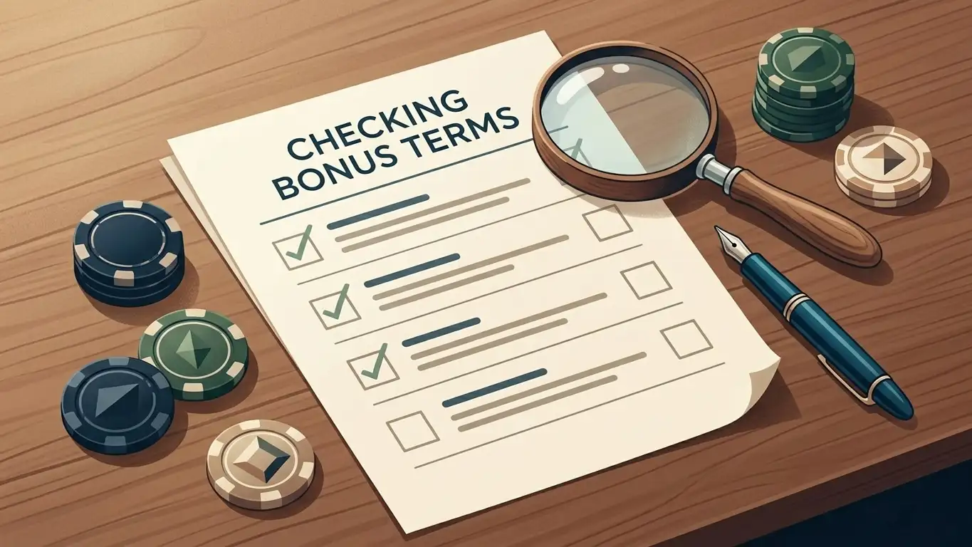 Illustration of a casino bonus terms checklist covering eligibility wagering expiry and withdrawals