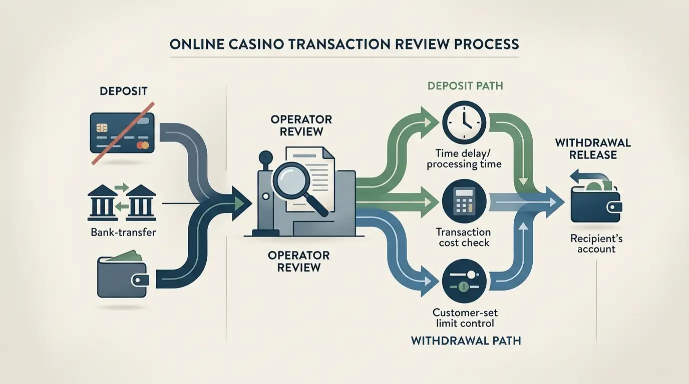 Illustration of a UK casino cashier verification checklist covering deposits, withdrawals, fees and limits