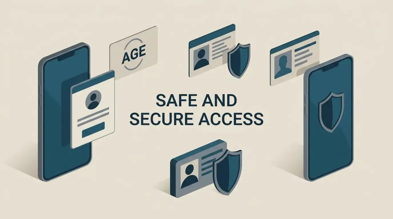 Illustration showing age verification, identity checks and a official mobile source without a branded casino interface