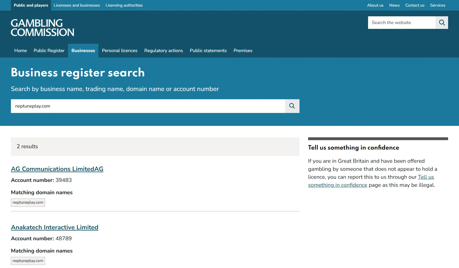 UK Gambling Commission public register page used for a Neptune related domain check