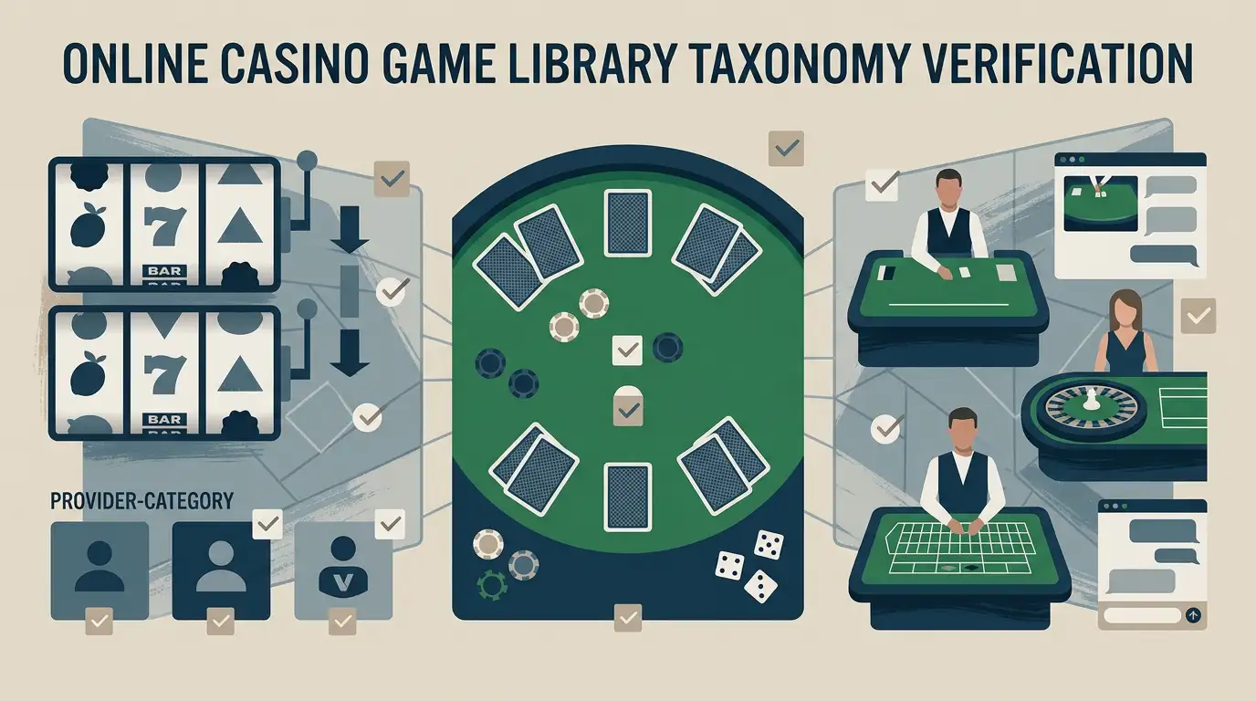 Illustration of a generic casino game lobby divided into slots, table games and live casino with category markers